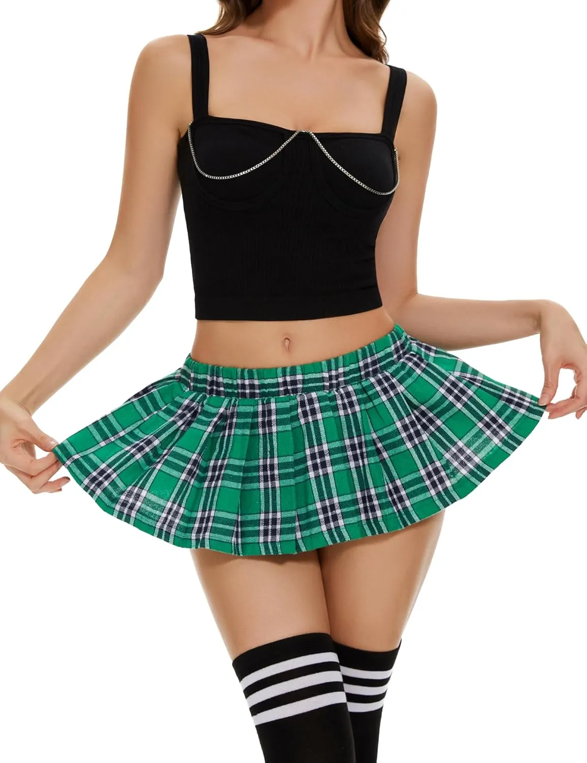 Lidogirl Women Mini Skirt Plaid Elastic Waist Pleated Skirts with Stockings XS-2XL