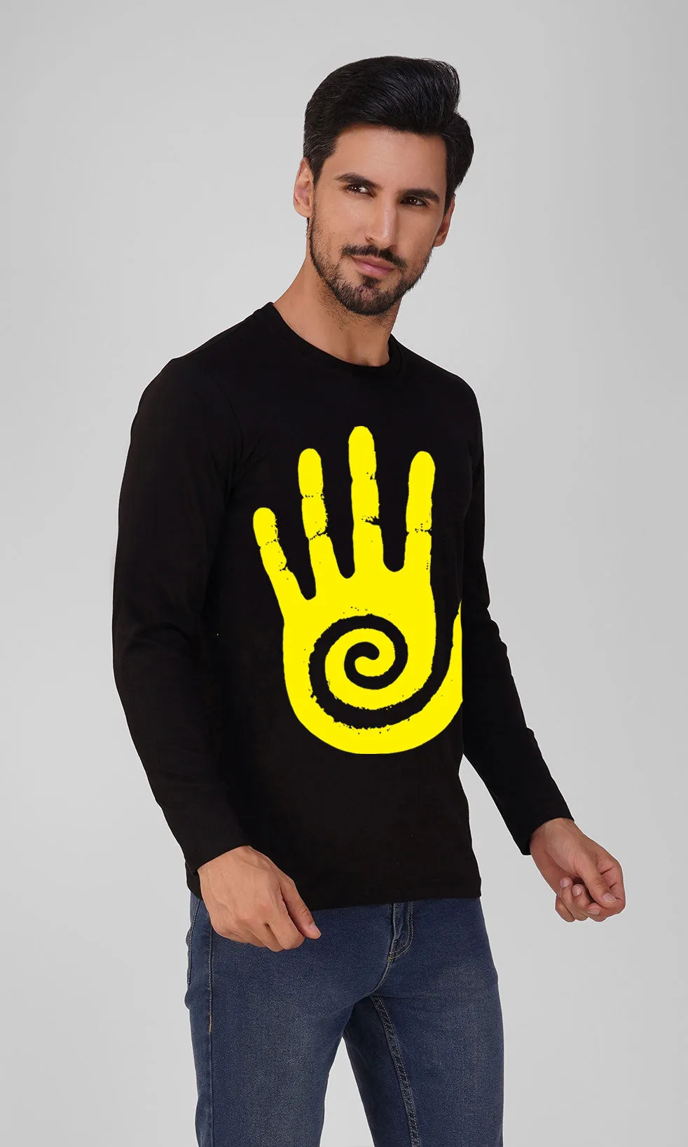 Mebadass Men's Fullsleeve Hand Ring Printed T-shirt - Black