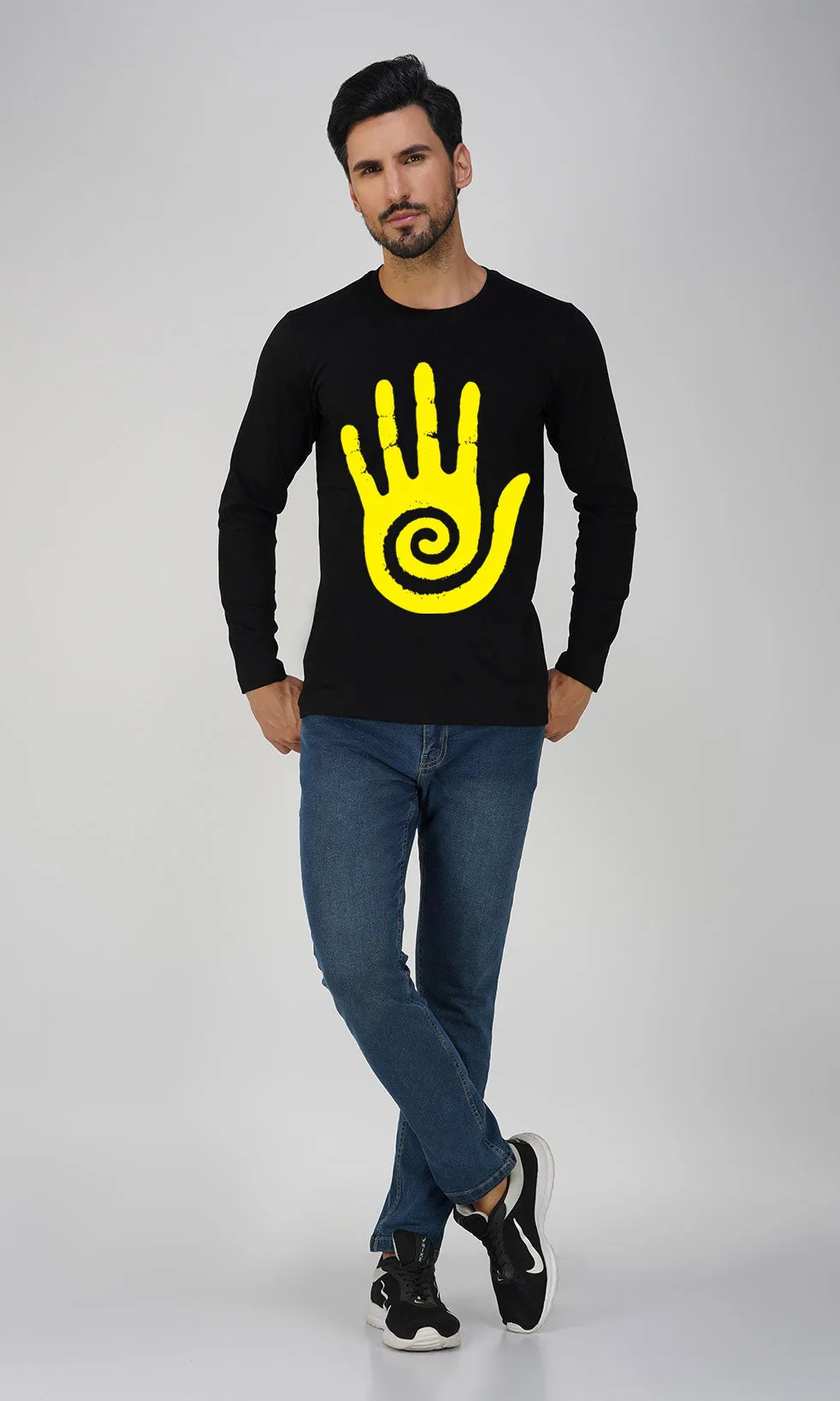 Mebadass Men's Fullsleeve Hand Ring Printed T-shirt - Black