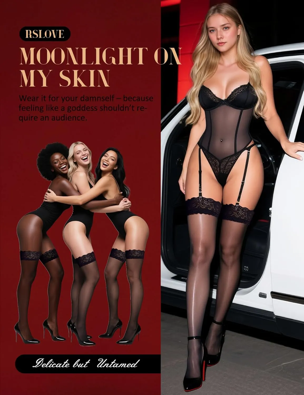 RSLOVE Women's Lace Top Thigh High Sheer Stockings Antiskid Silicone Ultra Shimmery Pantyhose
