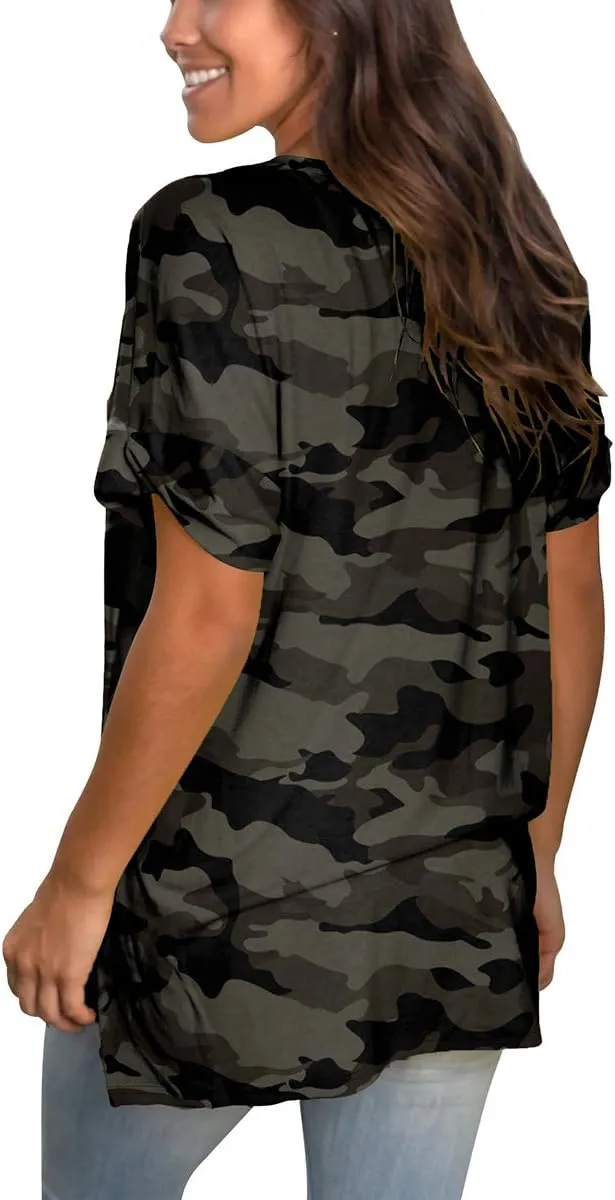 SAMPEEL Women's V Neck T Shirts Casual Rolled Short Sleeve Side Split Summer Tops Loose Fit