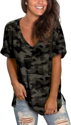 SAMPEEL Women's V Neck T Shirts Casual Rolled Short Sleeve Side Split Summer Tops Loose Fit