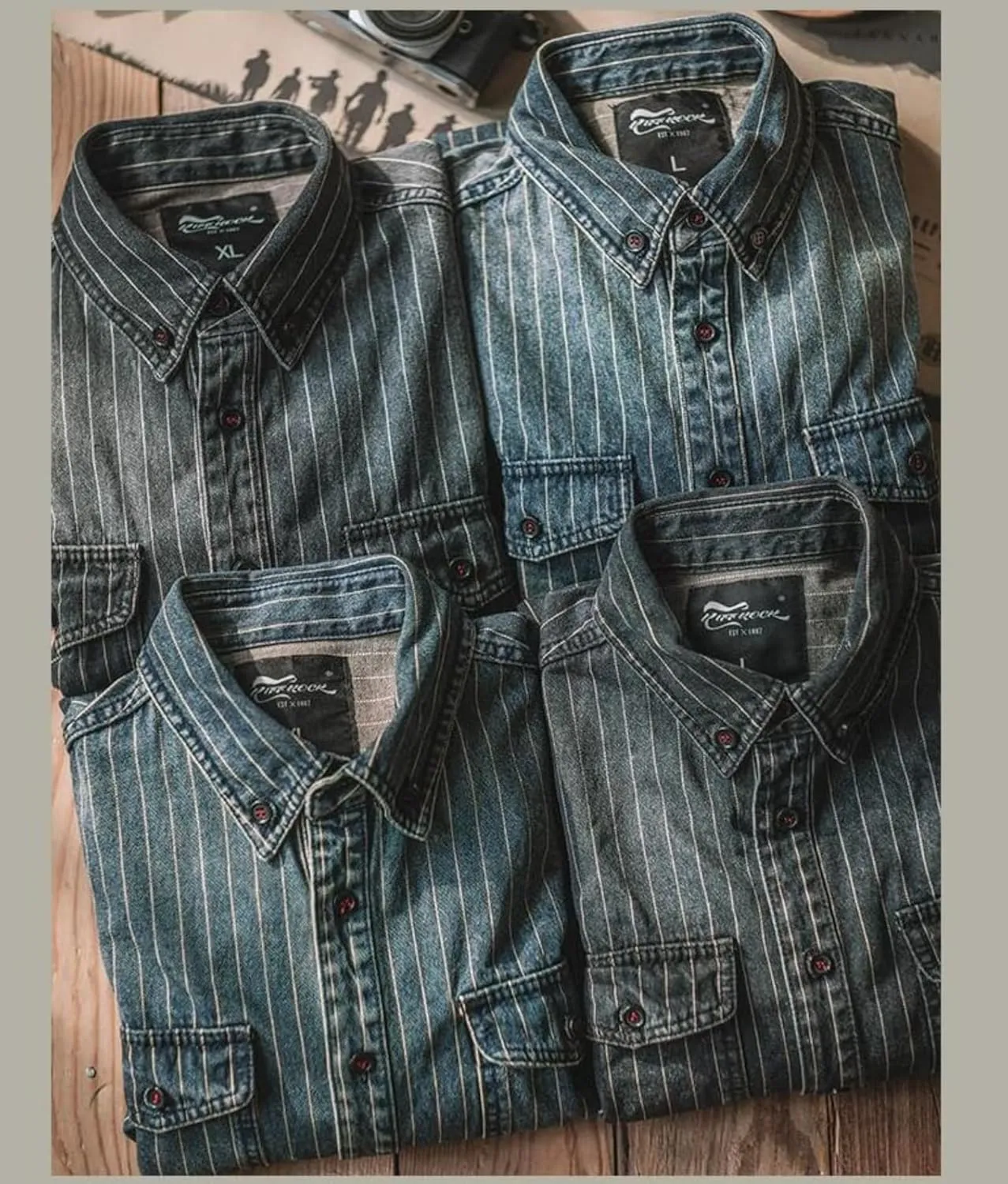 SevenBoy Mens Vintage Striped Denim Button-Down Shirt, Long Sleeve, Dual Front Pockets Casual Shirt Coat