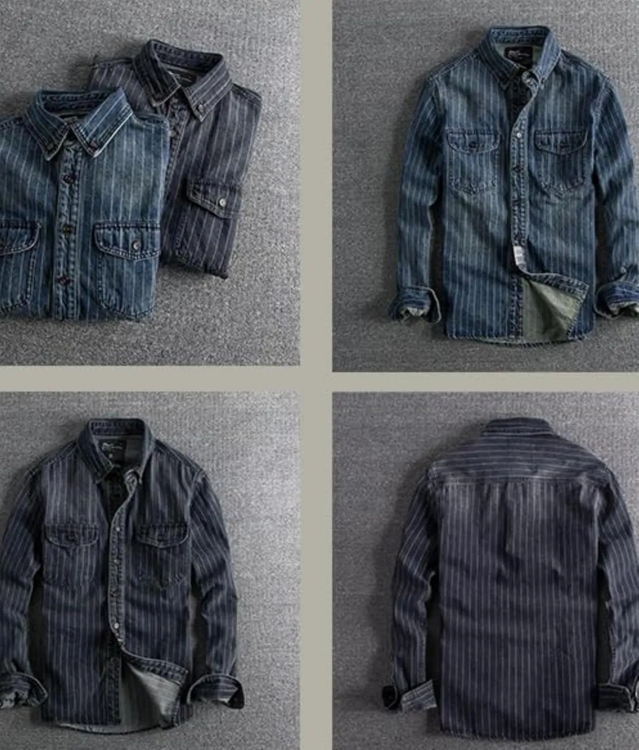 SevenBoy Mens Vintage Striped Denim Button-Down Shirt, Long Sleeve, Dual Front Pockets Casual Shirt Coat