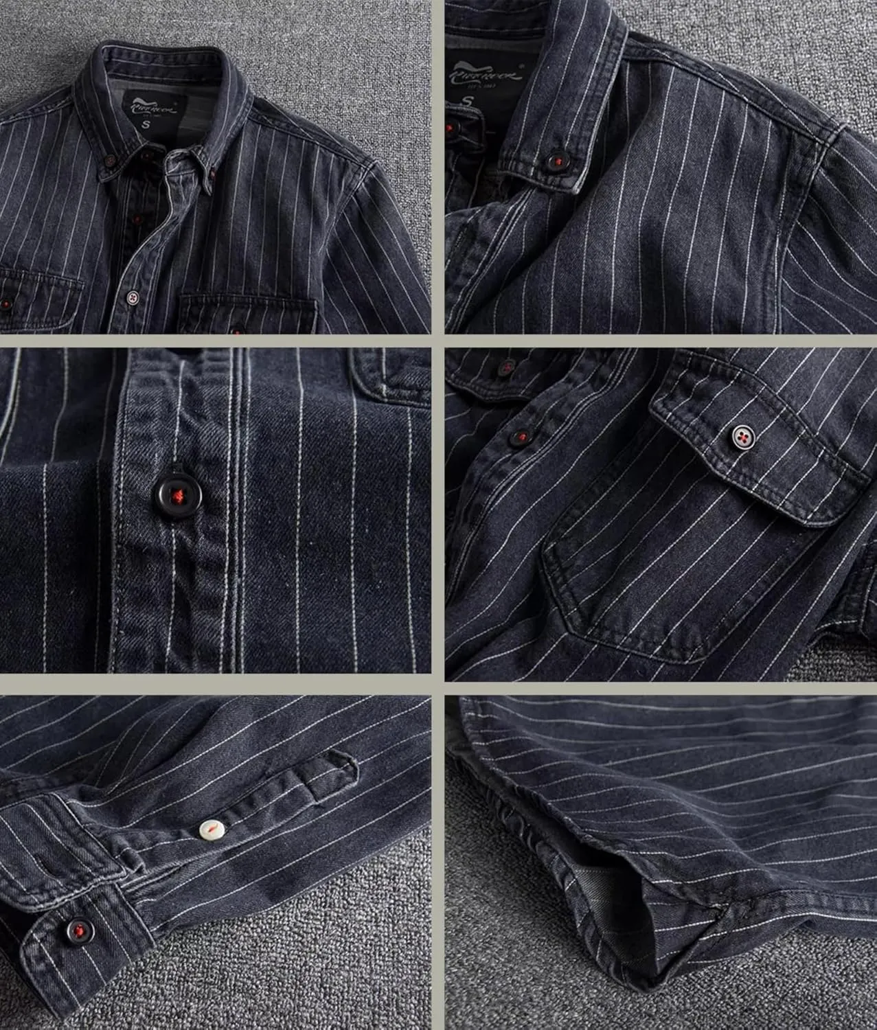 SevenBoy Mens Vintage Striped Denim Button-Down Shirt, Long Sleeve, Dual Front Pockets Casual Shirt Coat