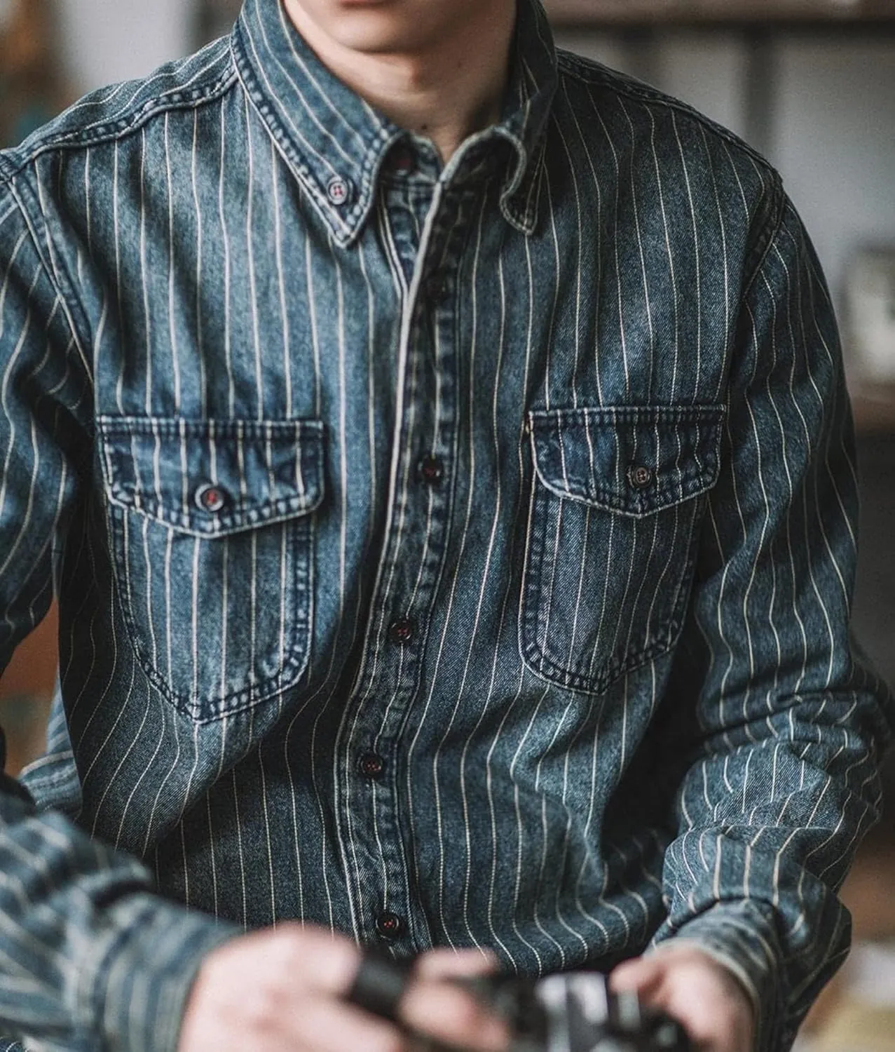 SevenBoy Mens Vintage Striped Denim Button-Down Shirt, Long Sleeve, Dual Front Pockets Casual Shirt Coat