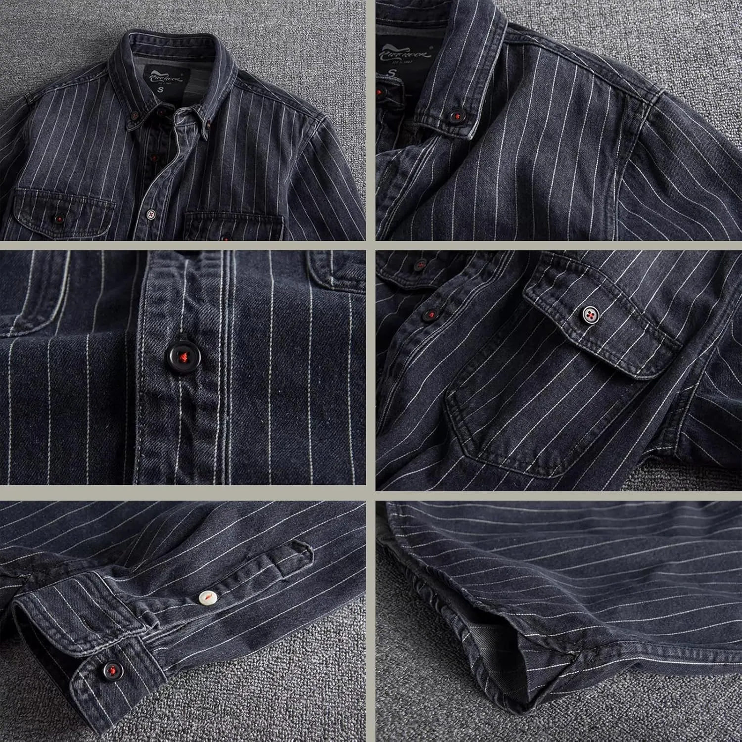 SevenBoy Mens Vintage Striped Denim Button-Down Shirt, Long Sleeve, Dual Front Pockets Casual Shirt Coat