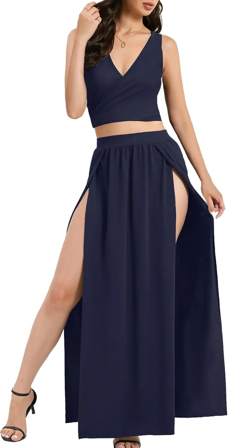 SILUI Women's Sexy 2 Piece Maxi Skirt Set Crop Top Double High Slit Vacation Festival Summer Outfits