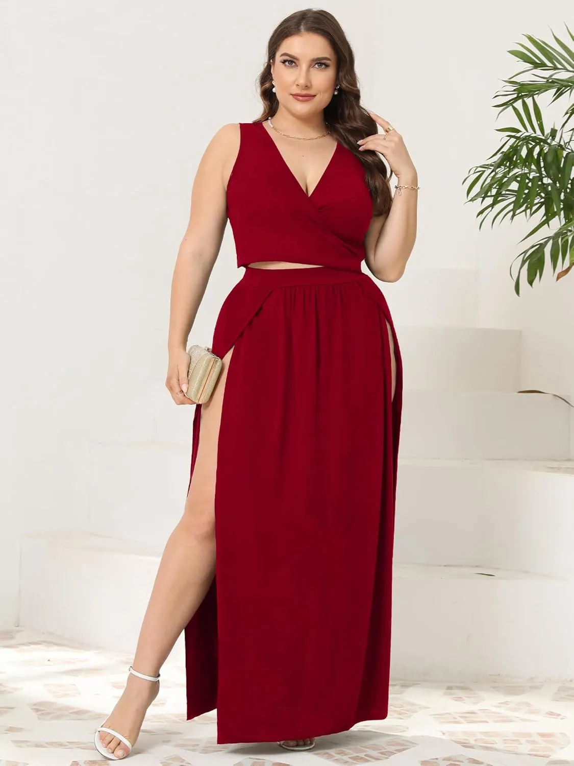 SILUI Women's Sexy 2 Piece Maxi Skirt Set Crop Top Double High Slit Vacation Festival Summer Outfits