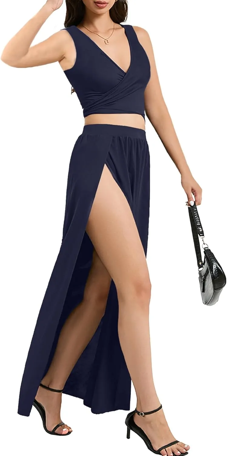 SILUI Women's Sexy 2 Piece Maxi Skirt Set Crop Top Double High Slit Vacation Festival Summer Outfits