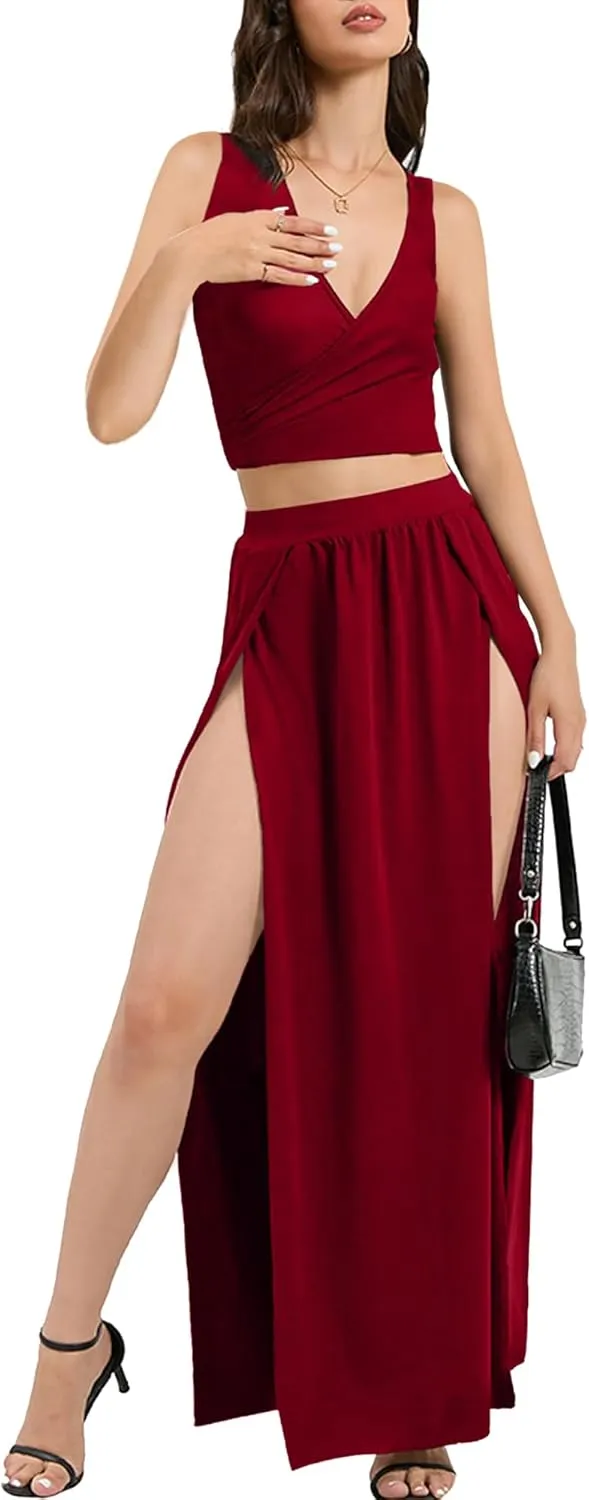 SILUI Women's Sexy 2 Piece Maxi Skirt Set Crop Top Double High Slit Vacation Festival Summer Outfits