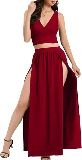 SILUI Women's Sexy 2 Piece Maxi Skirt Set Crop Top Double High Slit Vacation Festival Summer Outfits