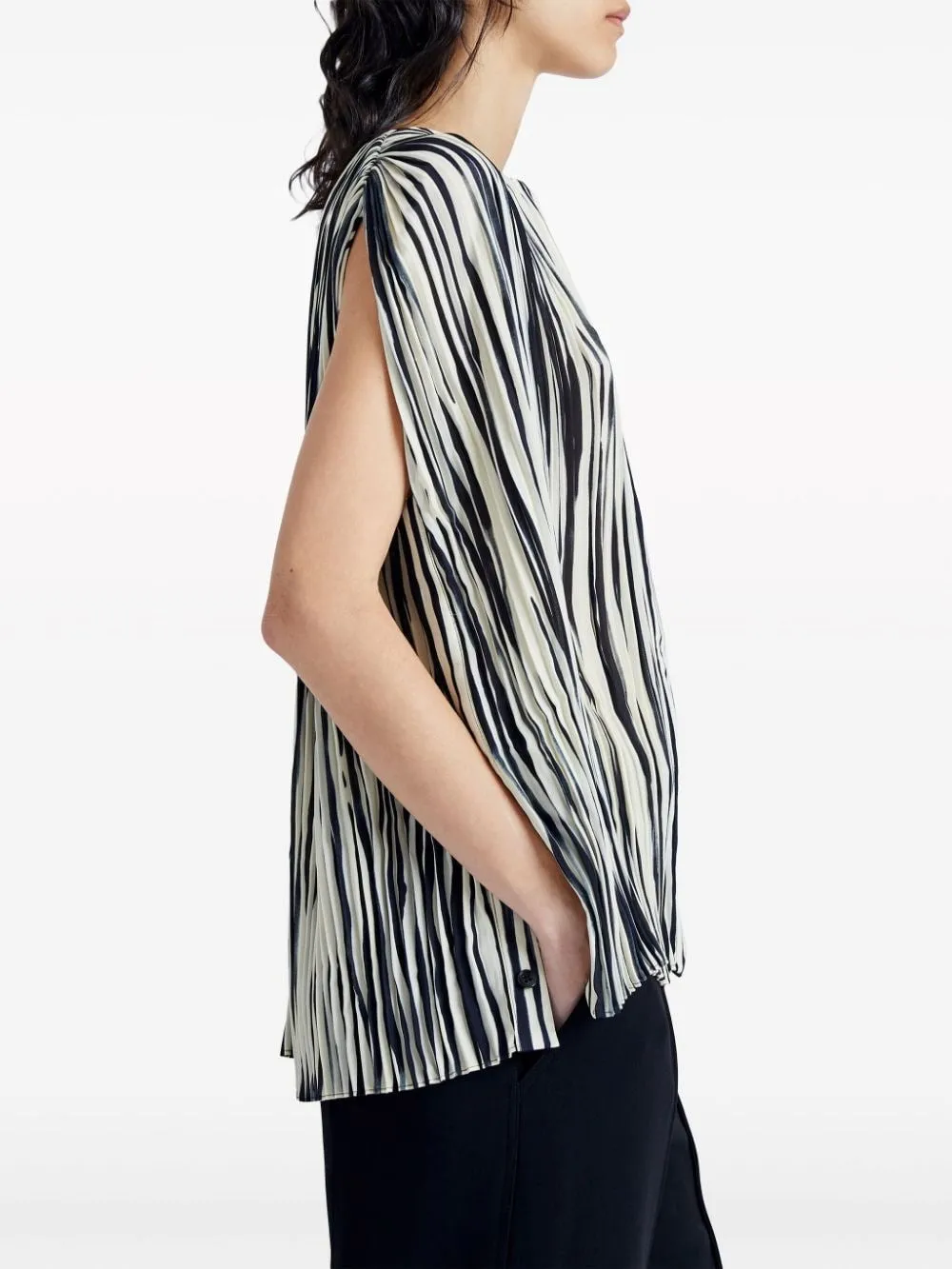 STRIPED PLEATED PRINTED SHEER CHIFFON BLOUSE