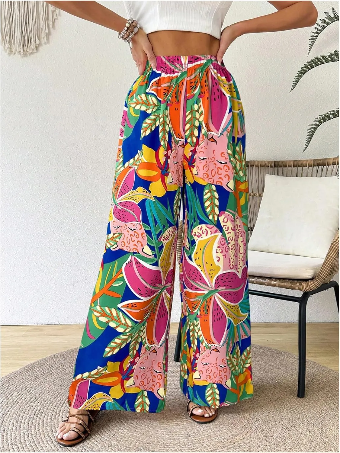 Verdusa Women's Tropical Floral Print Palazzo Pants Flowy Boho Summer Wide Leg Trousers