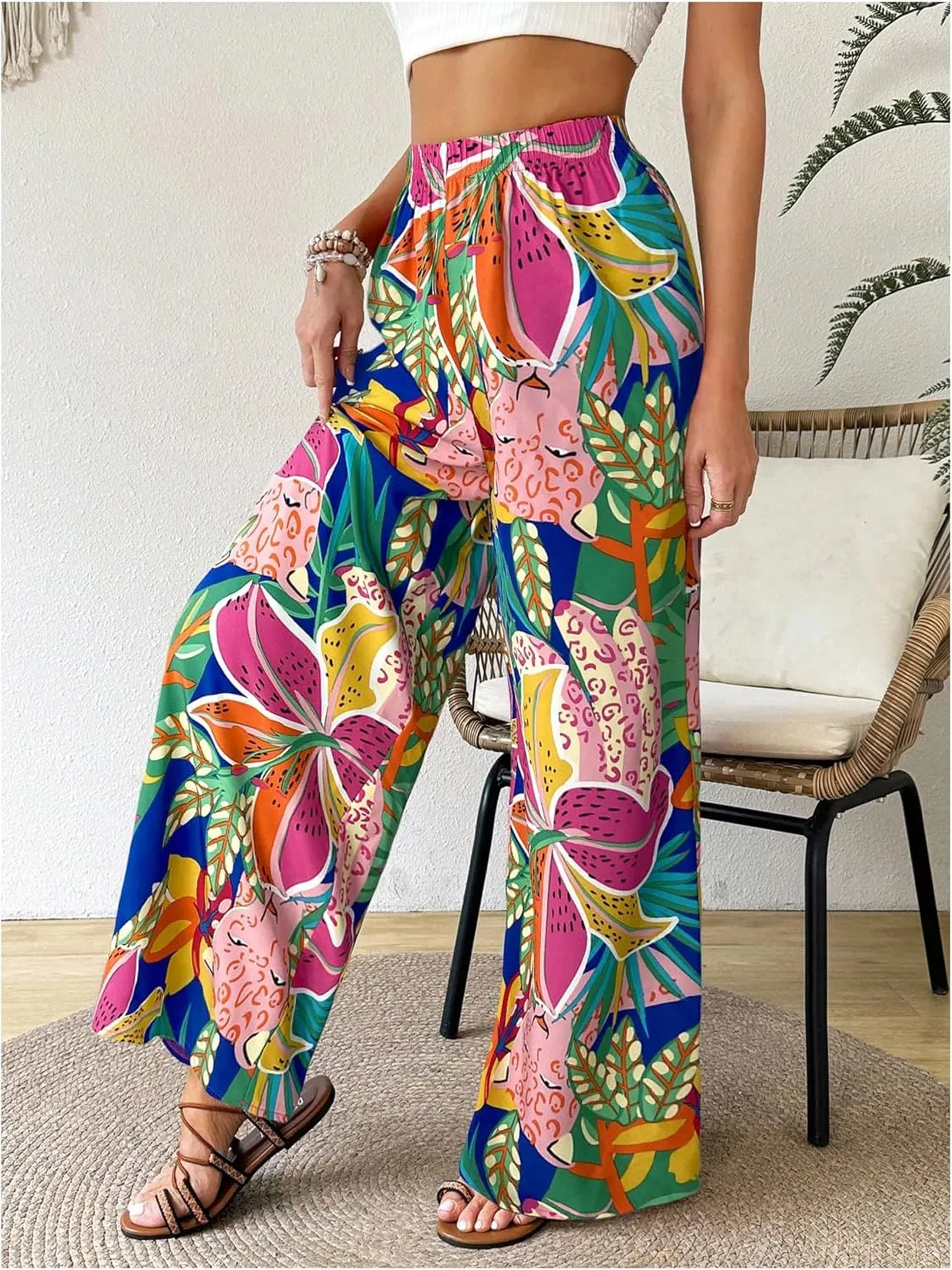 Verdusa Women's Tropical Floral Print Palazzo Pants Flowy Boho Summer Wide Leg Trousers