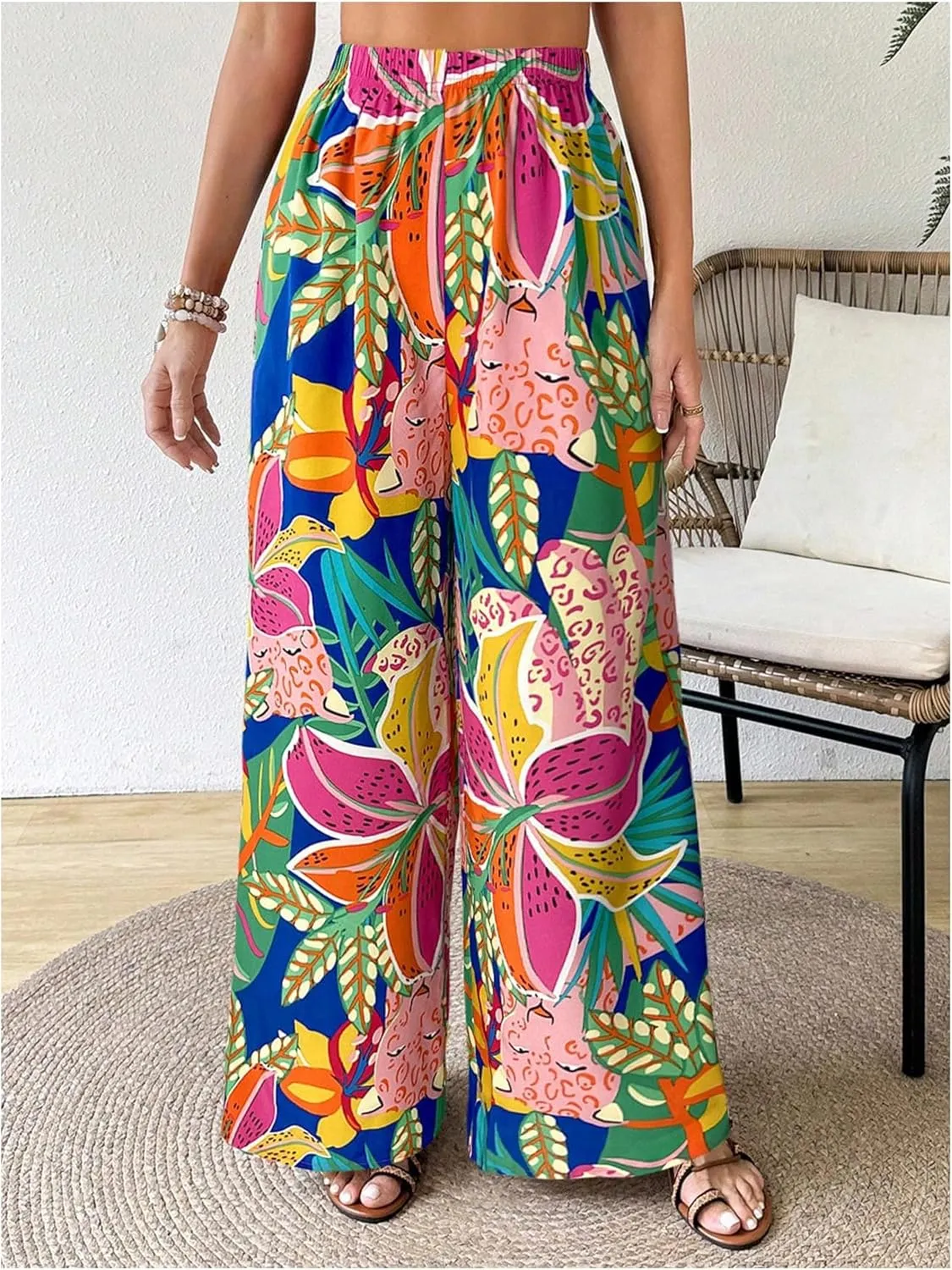Verdusa Women's Tropical Floral Print Palazzo Pants Flowy Boho Summer Wide Leg Trousers