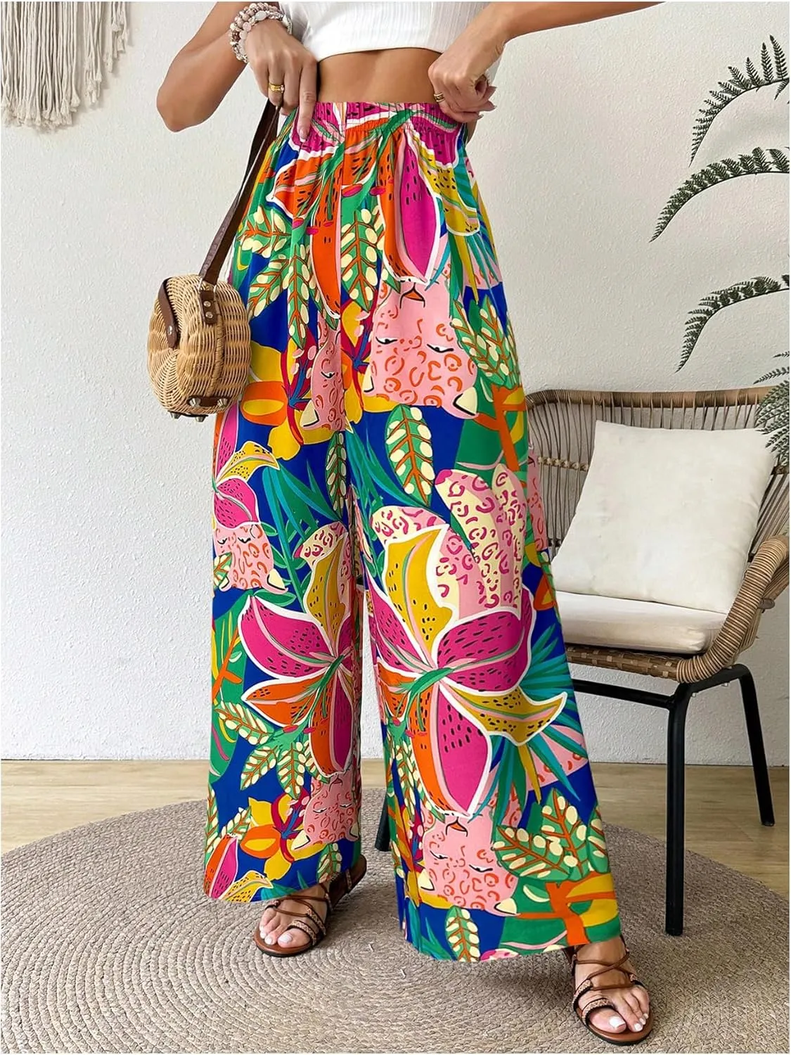 Verdusa Women's Tropical Floral Print Palazzo Pants Flowy Boho Summer Wide Leg Trousers