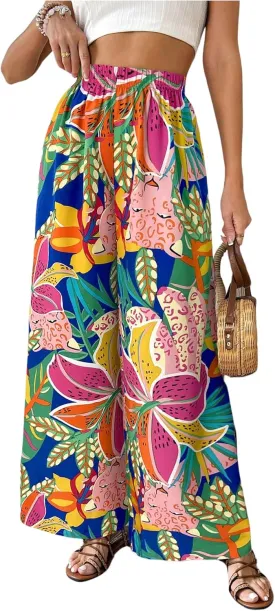 Verdusa Women's Tropical Floral Print Palazzo Pants Flowy Boho Summer Wide Leg Trousers