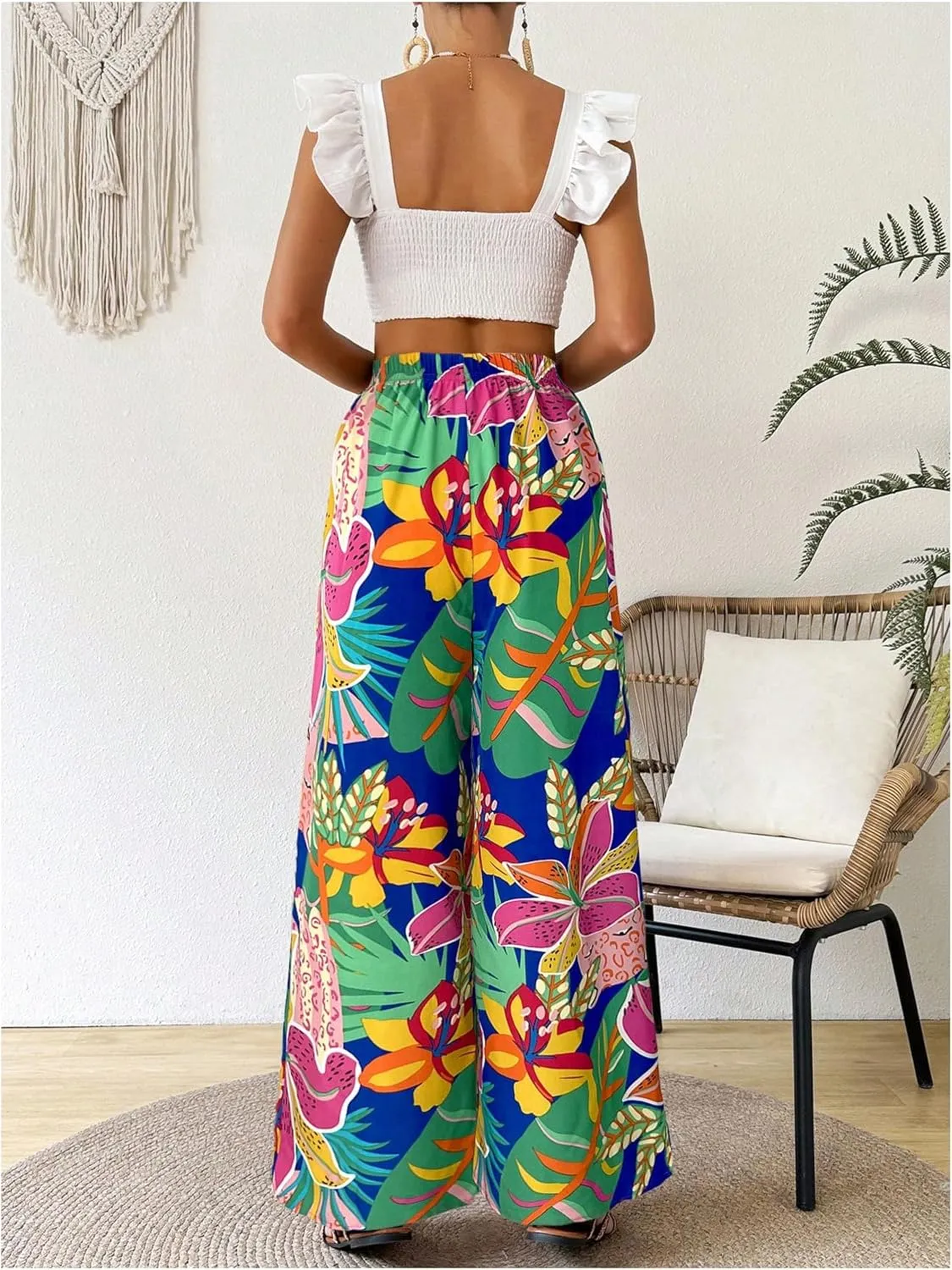 Verdusa Women's Tropical Floral Print Palazzo Pants Flowy Boho Summer Wide Leg Trousers