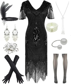 Women 1920s Gatsby Vintage Sequin Flapper Fringe Party Plus Dress with 20s Accessories Set