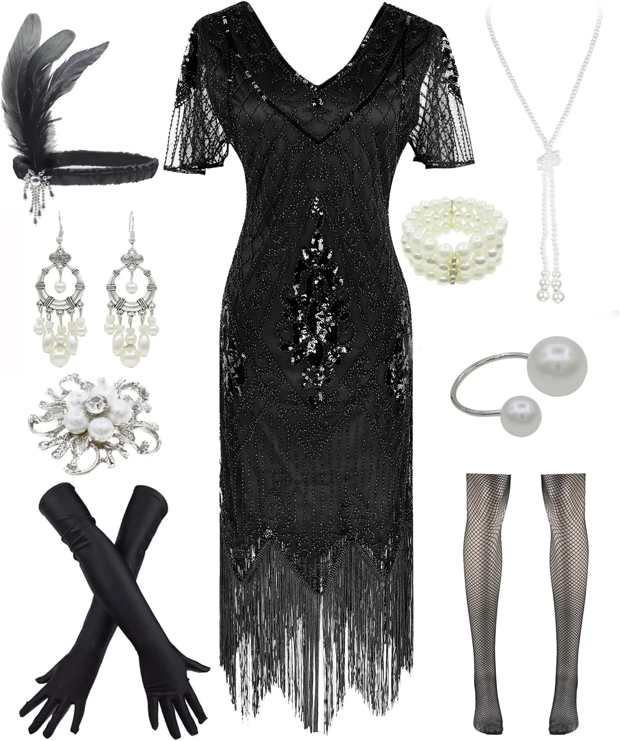 Women 1920s Gatsby Vintage Sequin Flapper Fringe Party Plus Dress with 20s Accessories Set