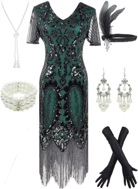 Women 1920s Gatsby Vintage Sequin Flapper Fringe Party Plus Dress with 20s Accessories Set
