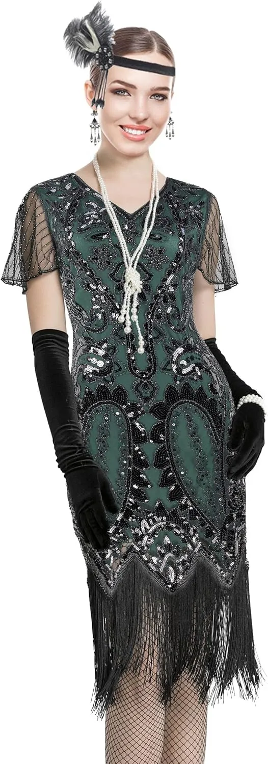 Women 1920s Gatsby Vintage Sequin Flapper Fringe Party Plus Dress with 20s Accessories Set