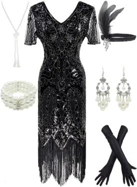 Women 1920s Gatsby Vintage Sequin Flapper Fringe Party Plus Dress with 20s Accessories Set