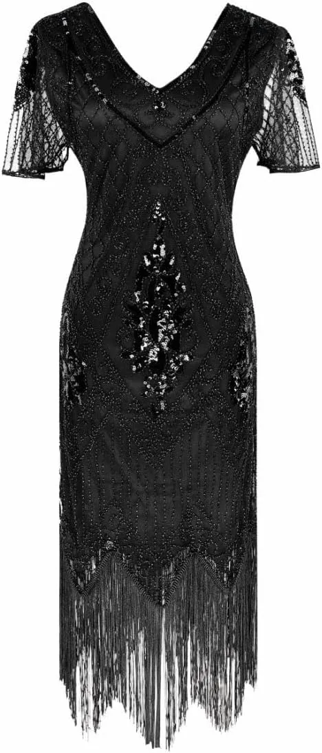 Women 1920s Gatsby Vintage Sequin Flapper Fringe Party Plus Dress with 20s Accessories Set