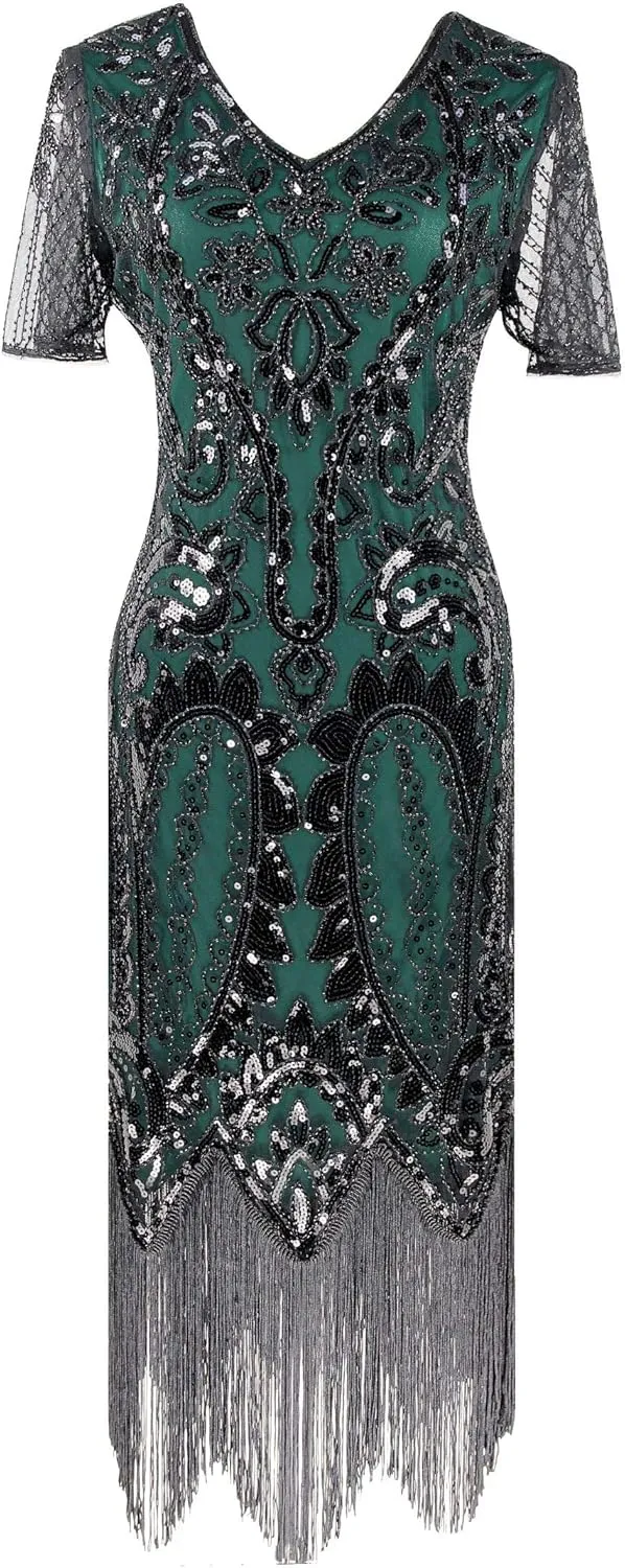 Women 1920s Gatsby Vintage Sequin Flapper Fringe Party Plus Dress with 20s Accessories Set