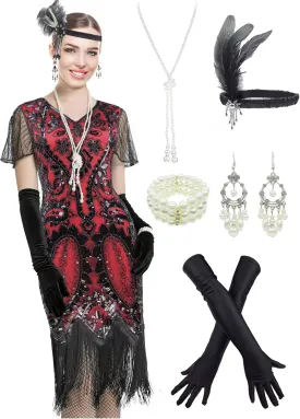 Women 1920s Gatsby Vintage Sequin Flapper Fringe Party Plus Dress with 20s Accessories Set