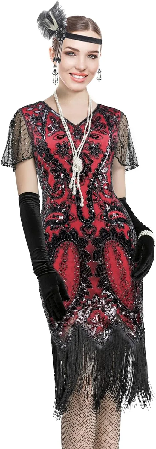 Women 1920s Gatsby Vintage Sequin Flapper Fringe Party Plus Dress with 20s Accessories Set