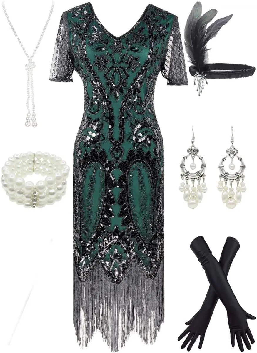 Women 1920s Gatsby Vintage Sequin Flapper Fringe Party Plus Dress with 20s Accessories Set