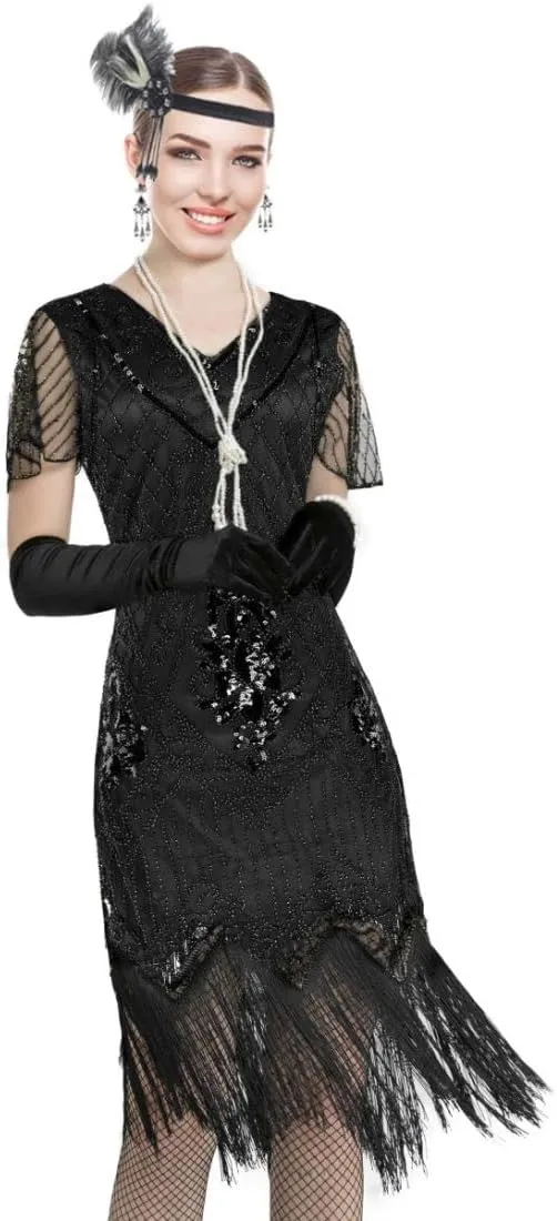 Women 1920s Gatsby Vintage Sequin Flapper Fringe Party Plus Dress with 20s Accessories Set