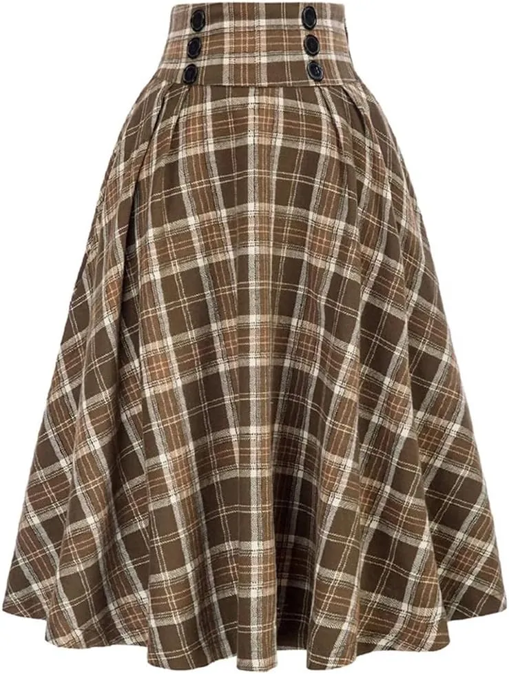 Women 50s 60s Retro Vintage Plaid Print Midi Skirt Casual Elastic Waist Swing A Line Skirts Spring Summer