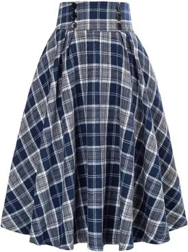 Women 50s 60s Retro Vintage Plaid Print Midi Skirt Casual Elastic Waist Swing A Line Skirts Spring Summer