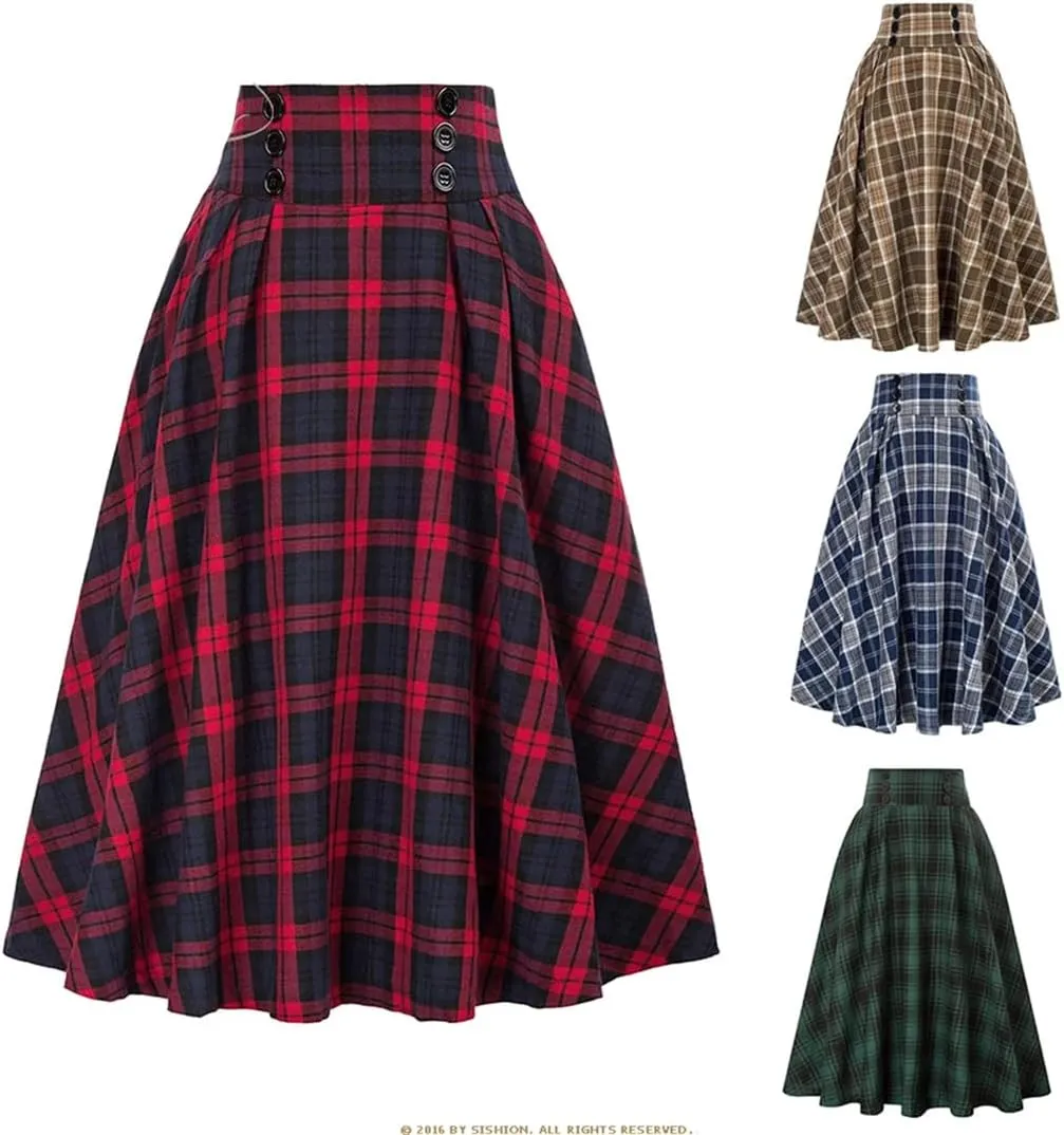 Women 50s 60s Retro Vintage Plaid Print Midi Skirt Casual Elastic Waist Swing A Line Skirts Spring Summer