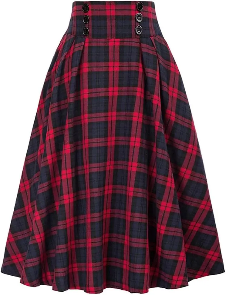 Women 50s 60s Retro Vintage Plaid Print Midi Skirt Casual Elastic Waist Swing A Line Skirts Spring Summer
