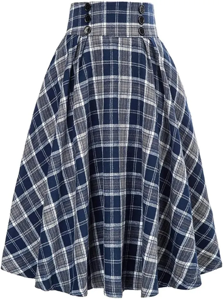Women 50s 60s Retro Vintage Plaid Print Midi Skirt Casual Elastic Waist Swing A Line Skirts Spring Summer