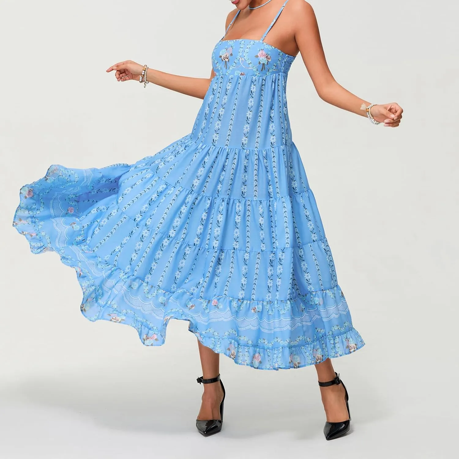 Women Boho Floral Maxi Dress Y2k Sleeveless Long Dress Print Spaghetti Strap A Line Dress Vacation Beach Sundress