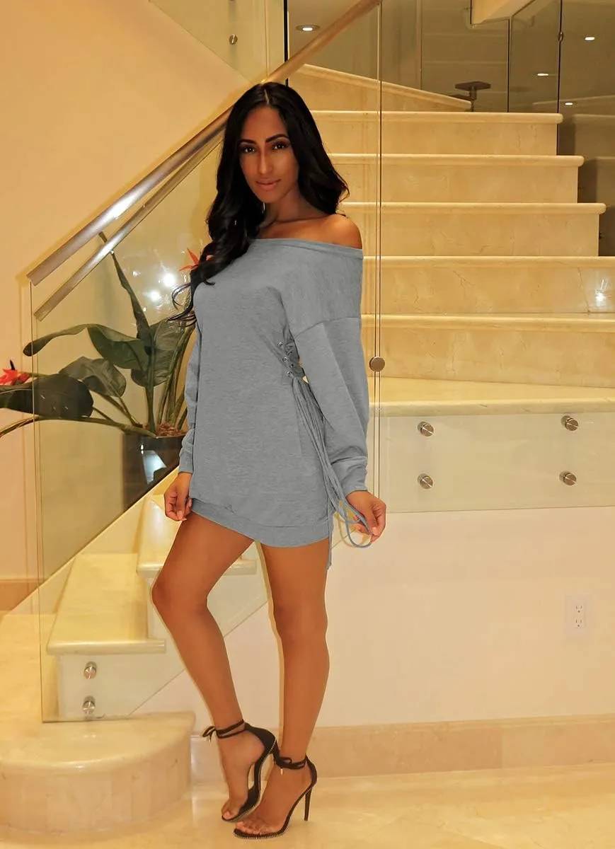 Women Casual Fall Dress - Long Bell Sleeve Pleated Bodycon Fitted Mini Work Clothes Club Outfit