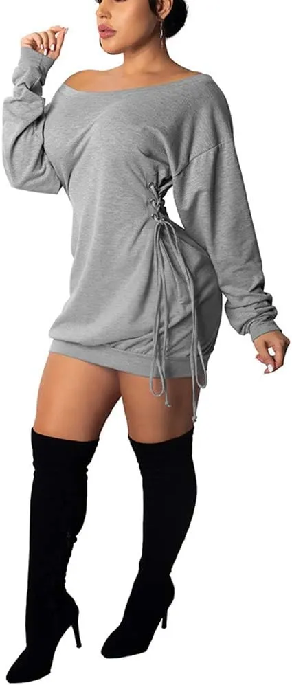 Women Casual Fall Dress - Long Bell Sleeve Pleated Bodycon Fitted Mini Work Clothes Club Outfit
