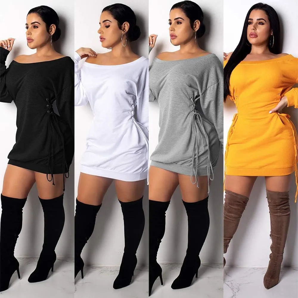 Women Casual Fall Dress - Long Bell Sleeve Pleated Bodycon Fitted Mini Work Clothes Club Outfit