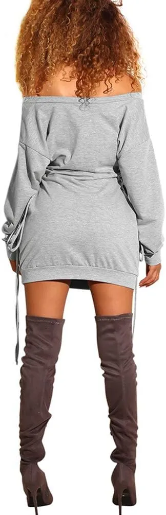 Women Casual Fall Dress - Long Bell Sleeve Pleated Bodycon Fitted Mini Work Clothes Club Outfit