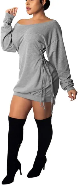 Women Casual Fall Dress - Long Bell Sleeve Pleated Bodycon Fitted Mini Work Clothes Club Outfit