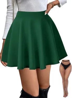 Women's Basic Stretchy Flared Mini Skater Skirt Versatile A-Line Casual Skirt with Fishnet Stockings S-XXL