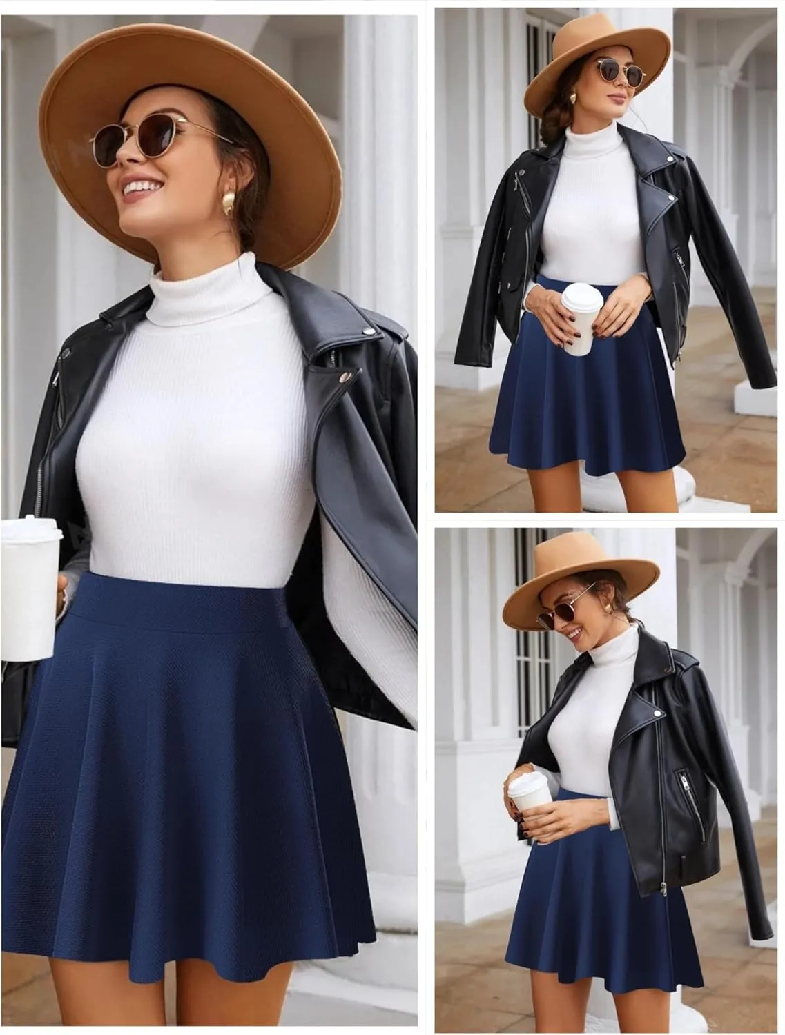 Women's Basic Stretchy Flared Mini Skater Skirt Versatile A-Line Casual Skirt with Fishnet Stockings S-XXL