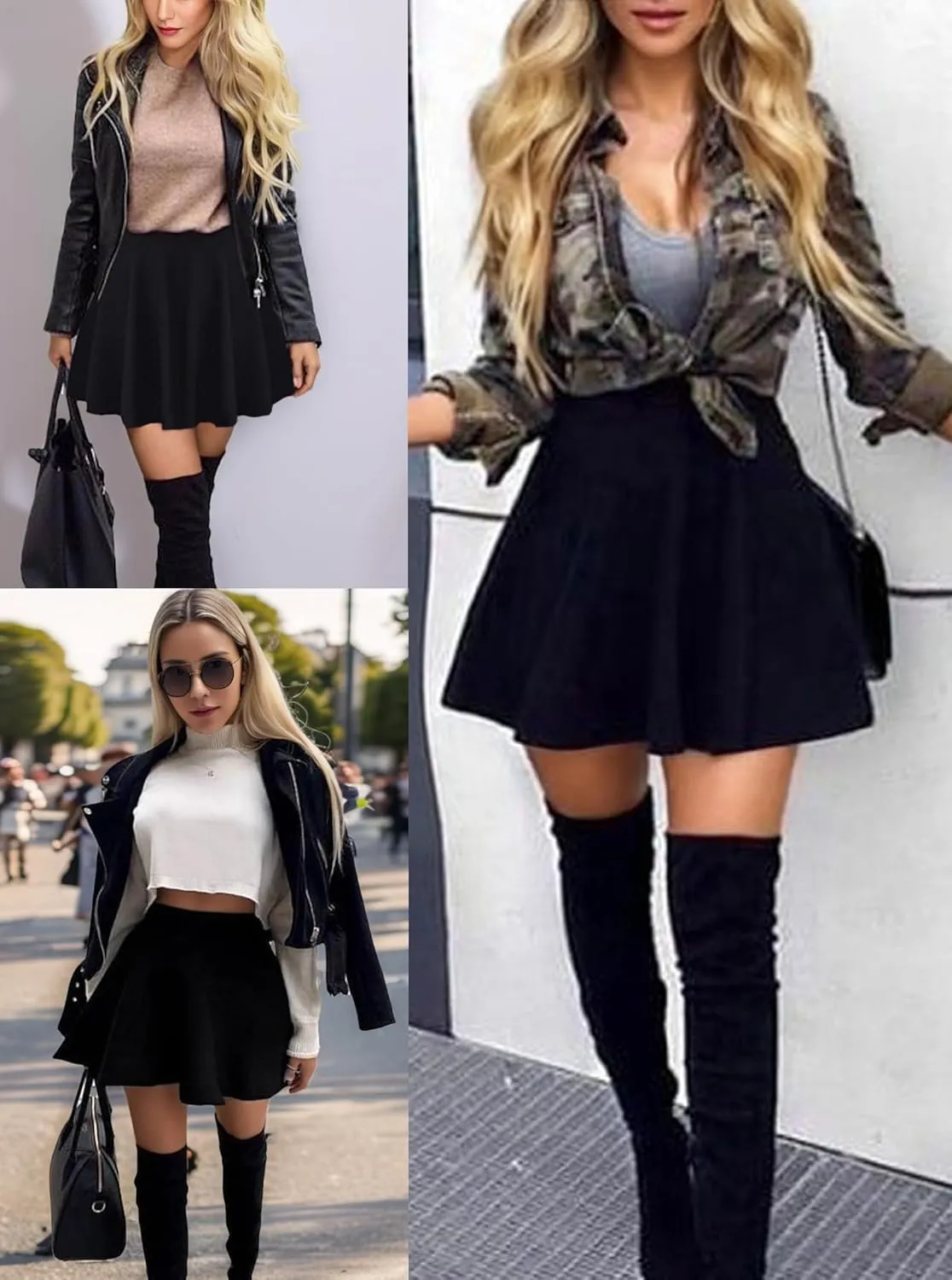 Women's Basic Stretchy Flared Mini Skater Skirt Versatile A-Line Casual Skirt with Fishnet Stockings S-XXL