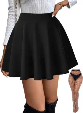 Women's Basic Stretchy Flared Mini Skater Skirt Versatile A-Line Casual Skirt with Fishnet Stockings S-XXL