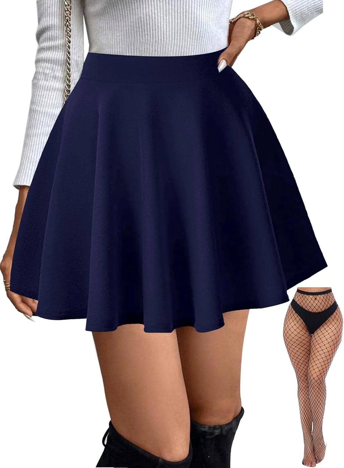 Women's Basic Stretchy Flared Mini Skater Skirt Versatile A-Line Casual Skirt with Fishnet Stockings S-XXL
